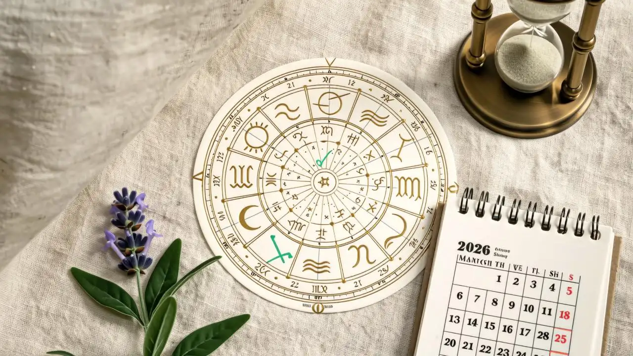 A symbolic overhead composition: a circular birth chart wheel centered on a cream linen surface, overlaid with translucent golden 2026 transit arrows (e.g., Pluto→Aquarius, Saturn→Pisces) and soft green/red flag icons (✓ and ✗) near relevant houses. Around it, minimalist 2026-themed objects — a calendar page marked 'March & Sept Eclipses', a tiny hourglass, and a sprig of lavender (symbolizing clarity). Soft shadow, diffused natural light, cinematic shallow focus, 4K photorealism.