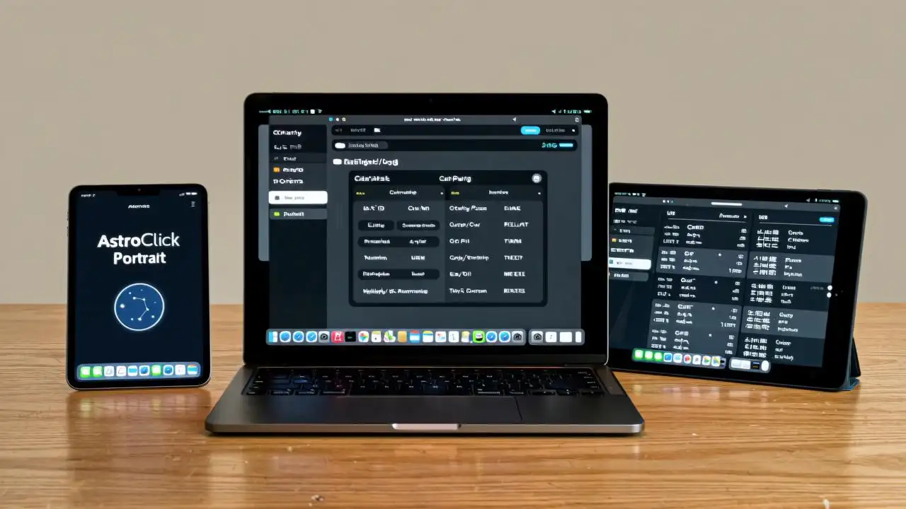 A close-up of three trusted astrology websites visible on separate tablet and laptop screens: astro.com homepage with 'AstroClick Portrait' button, cafeastrology.com chart generator interface showing Sun/Moon/Rising summary, and astro-seek.com with side-by-side transit comparison view. All screens are lit softly, arranged diagonally on a light oak desk with subtle grain texture. Neutral background, studio lighting, photorealistic 4K, no reflections, no fingerprints on screens.
