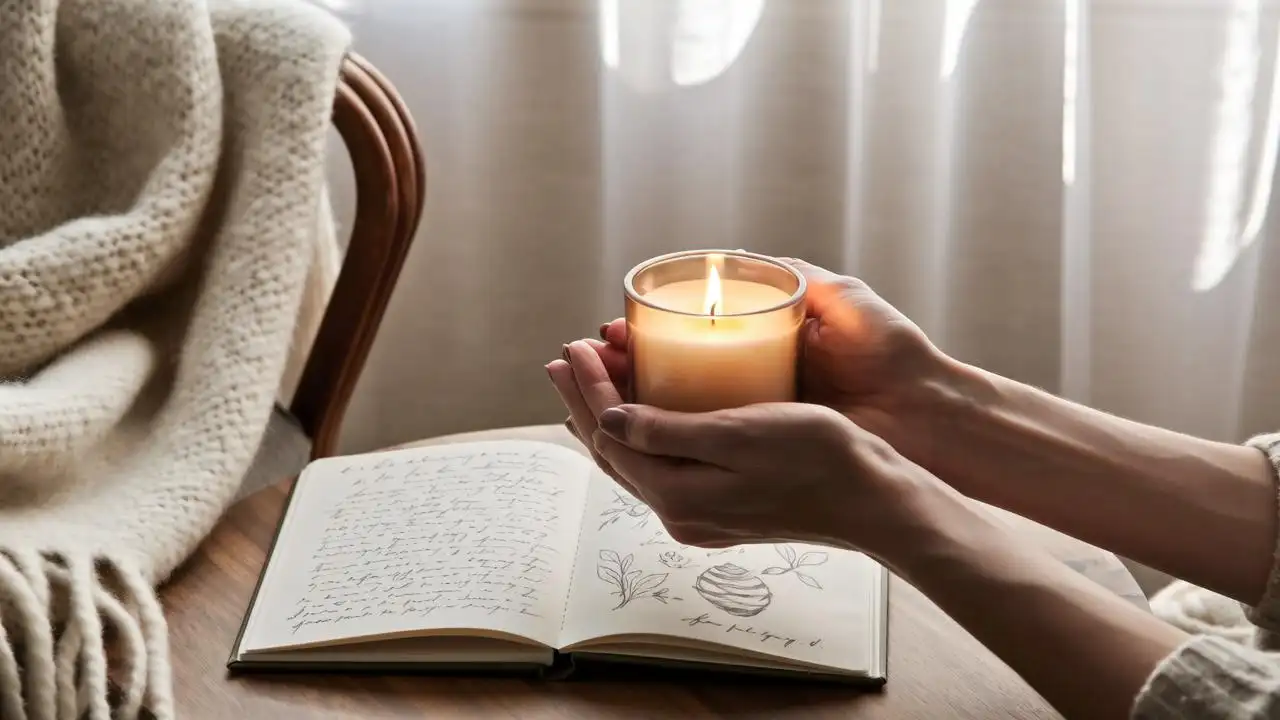 A peaceful indoor moment: a person’s hands (gender-neutral, mid-30s, calm energy) gently holding a lit beeswax candle beside an open notebook and a soft wool blanket draped over a chair. Outside the frame, soft winter light glows through sheer curtains. Warm neutral palette, subtle texture in fabric and paper, cinematic soft focus on hands and flame. Evokes emotional grounding, presence, and compassionate intention — aligned with Saturn in Pisces and Capricorn stellium energy.