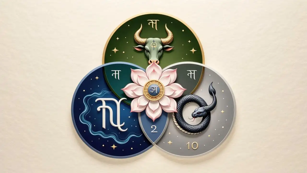 An abstract yet grounded visual: three overlapping translucent circles — one with Taurus bull motif (earthy green/gold), one with Pisces symbol (deep indigo/water ripple), one with Rahu/Ketu serpent-duality (charcoal and silver); arranged around a central lotus-shaped mandala with subtle Sanskrit numerals (1, 2, 10) representing key houses; matte paper texture background, soft ambient lighting, studio-quality 4K, symbolic not literal, no people
